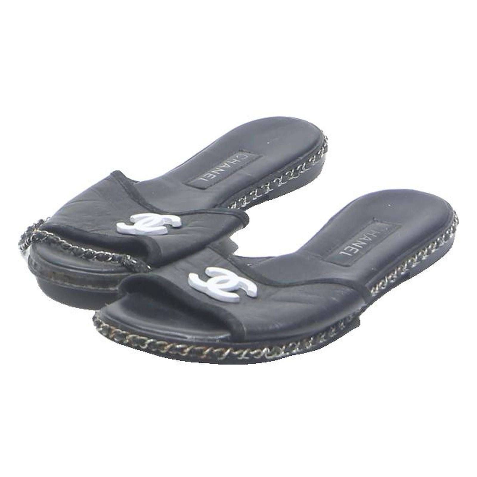 CHANEL Womens Black Leather Slide Sandals UK 4 Slip On Open Toe Chain Trim