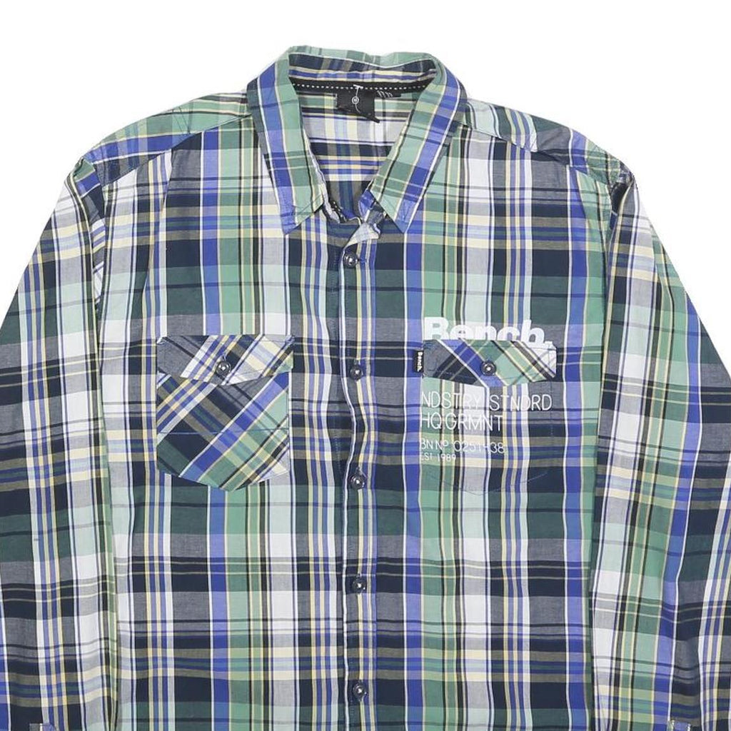 BENCH Mens Blue Green Check Shirt M Cotton Blend Casual Long Sleeve