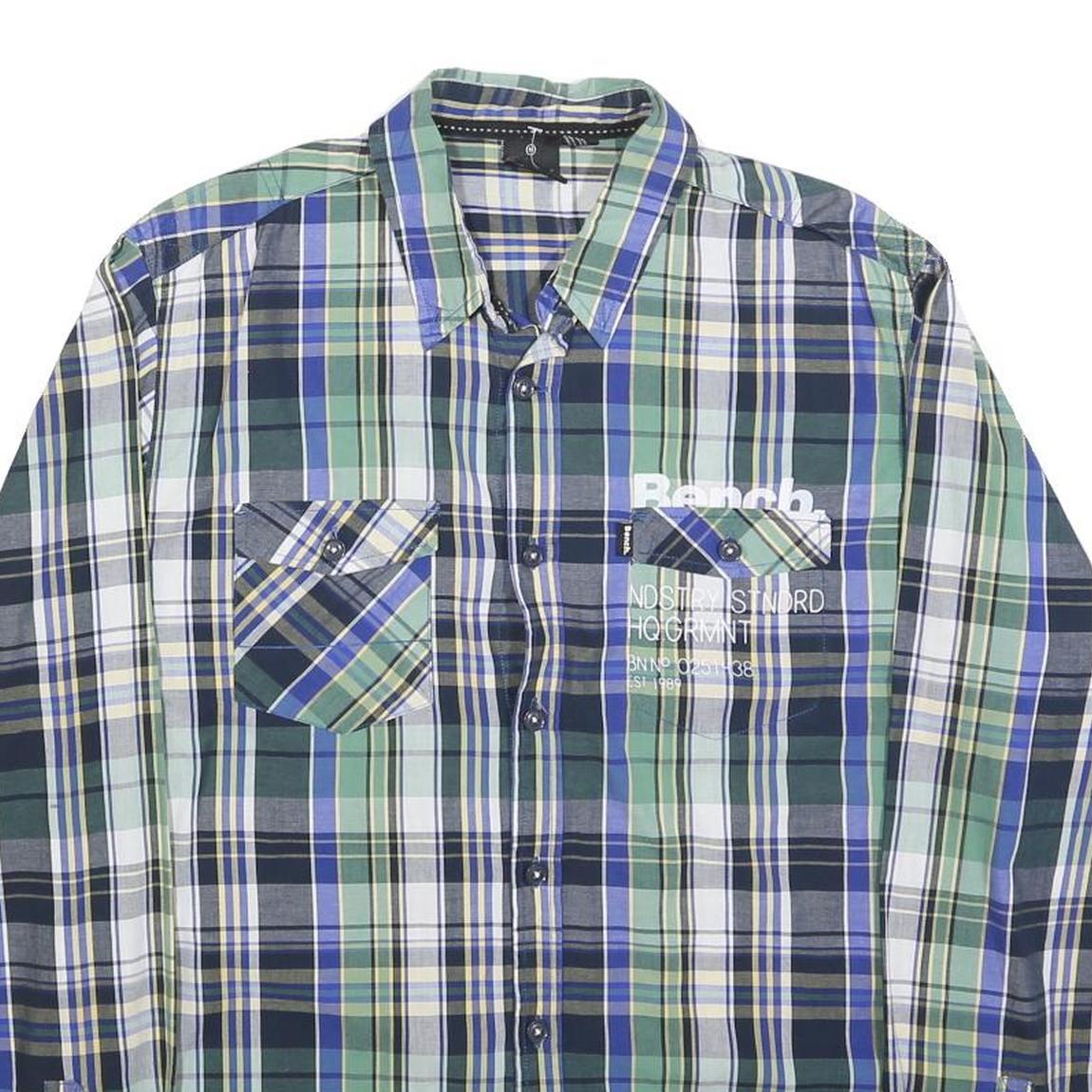 BENCH Mens Blue Green Check Shirt M Cotton Blend Casual Long Sleeve