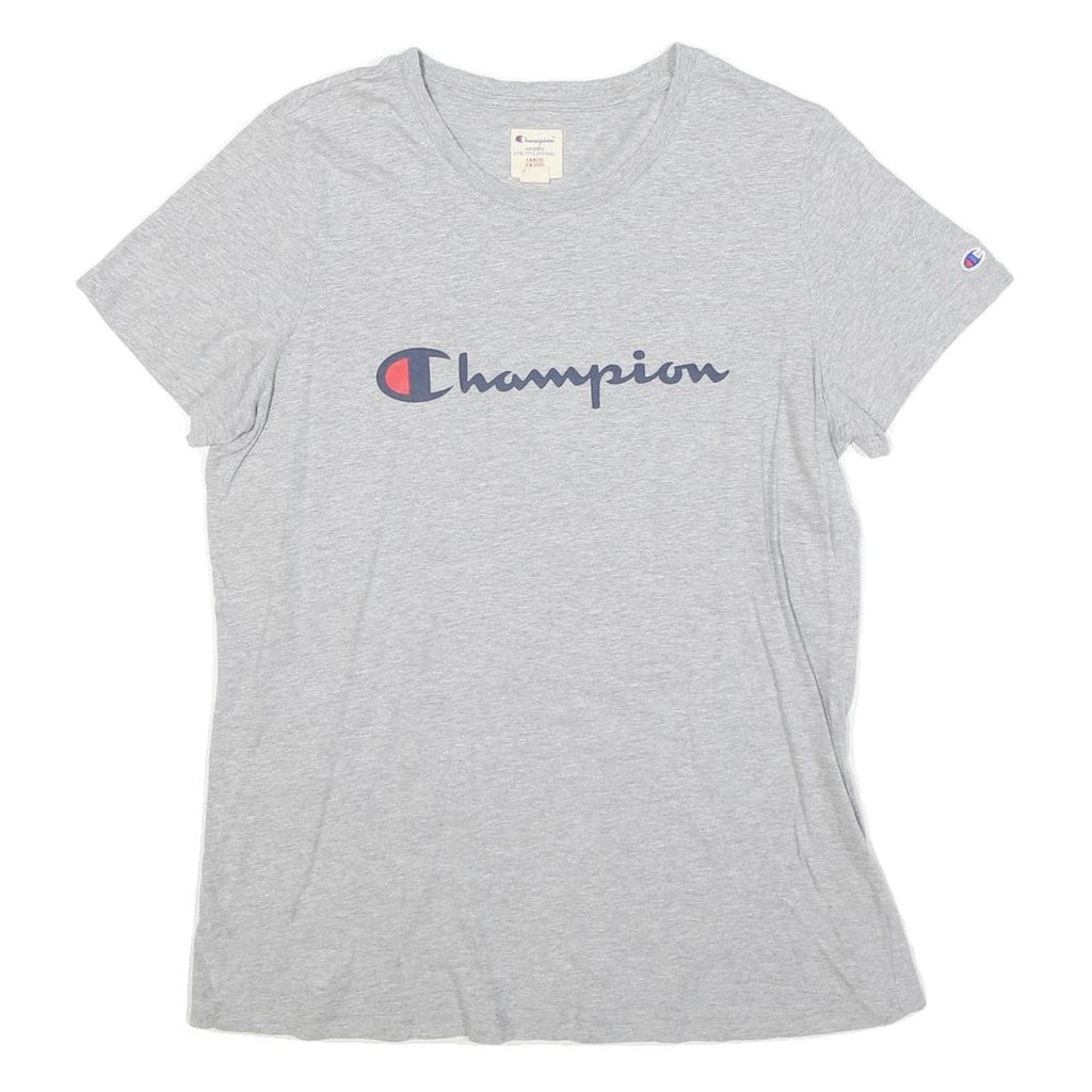 CHAMPION Womens Grey Blue Logo Modern T-Shirt L Short Sleeve Crew Neck Casual
