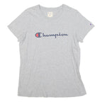 CHAMPION Womens Grey Blue Logo Modern T-Shirt L Short Sleeve Crew Neck Casual