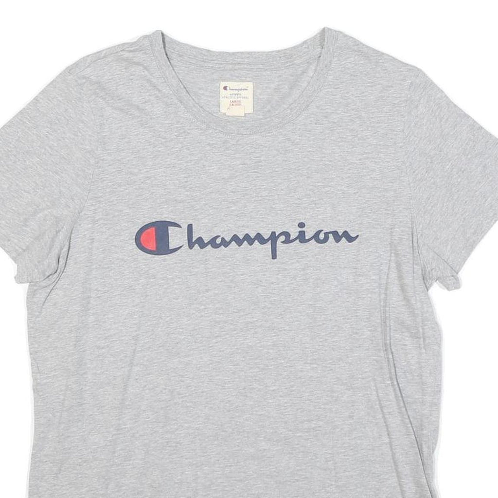 CHAMPION Womens Grey Blue Logo Modern T-Shirt L Short Sleeve Crew Neck Casual