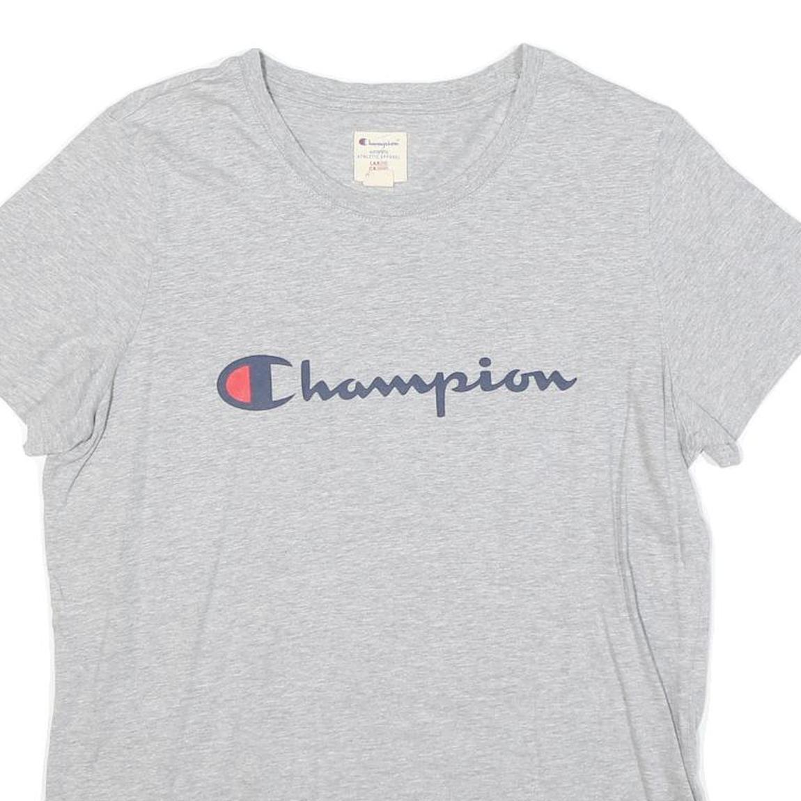 CHAMPION Womens Grey Blue Logo Modern T-Shirt L Short Sleeve Crew Neck Casual