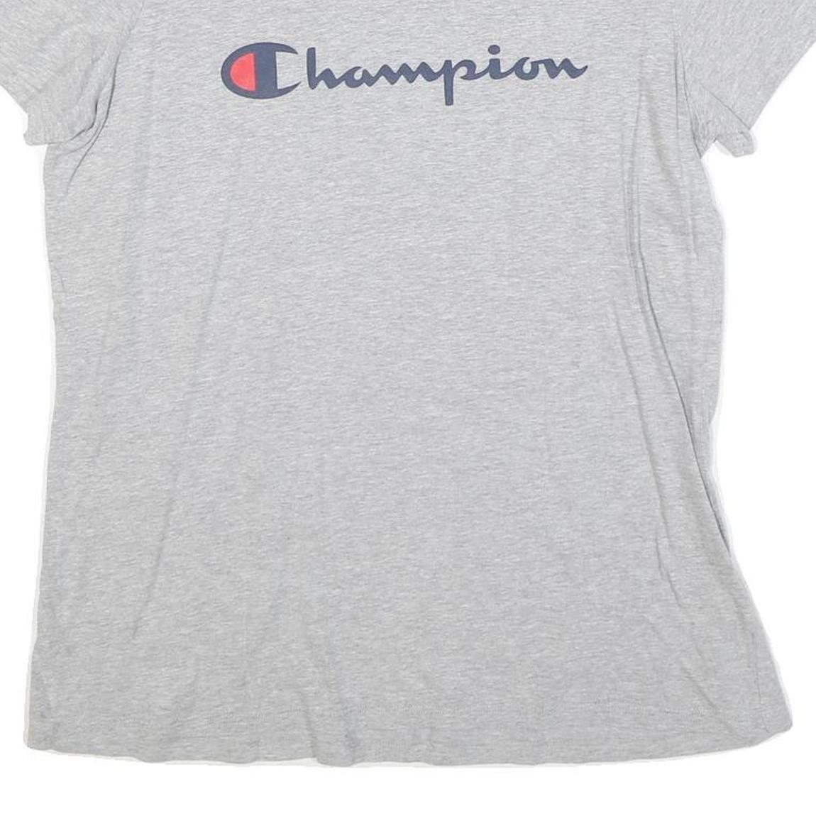CHAMPION Womens Grey Blue Logo Modern T-Shirt L Short Sleeve Crew Neck Casual