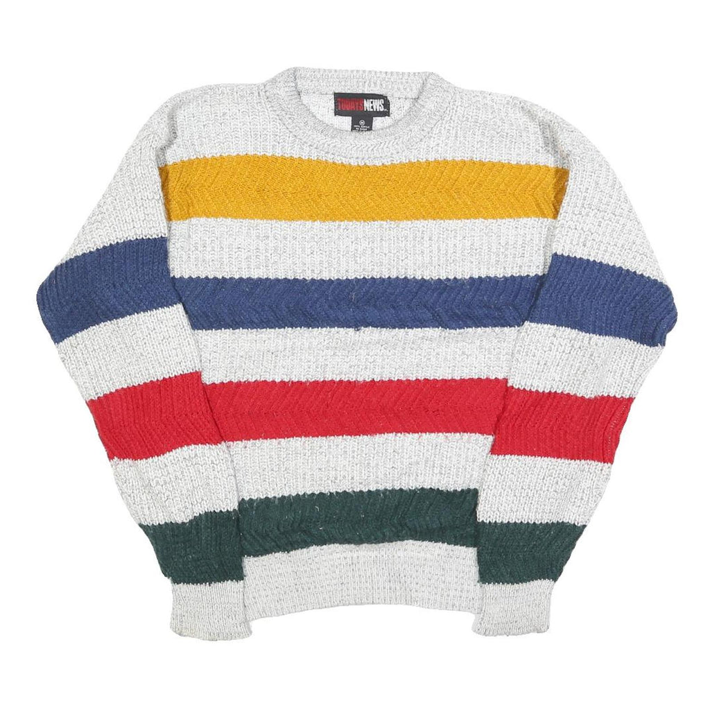 TODAYS NEWS Womens White Yellow & Blue Red & Green Patterned Jumper Crew Neck