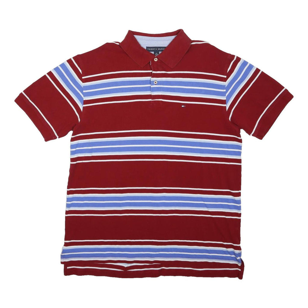 TOMMY HILFIGER Mens Red & Blue Striped Short Sleeve Polo Shirt XL Cotton Casual