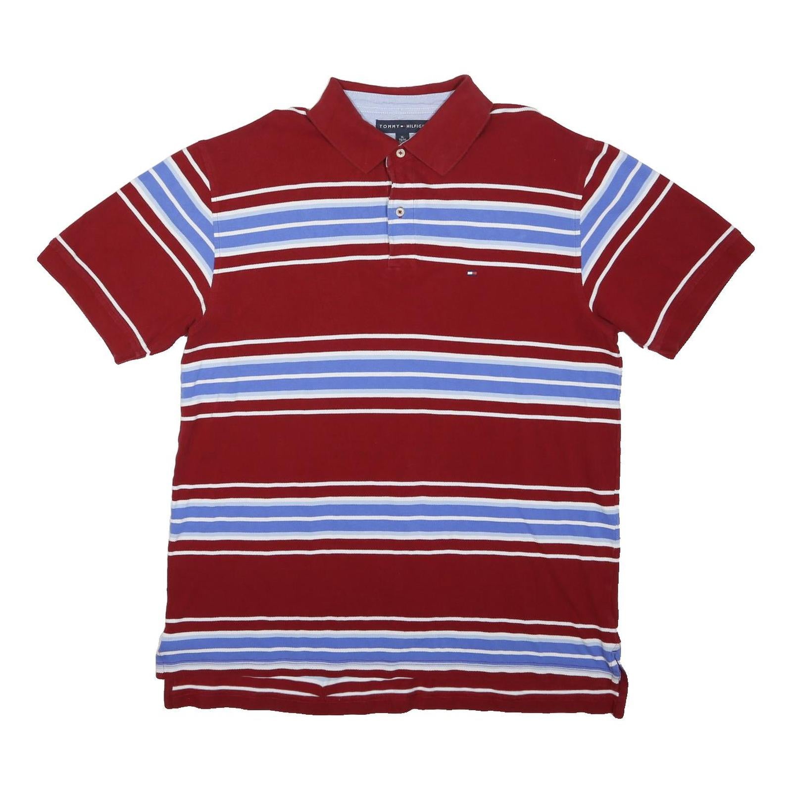 TOMMY HILFIGER Mens Red & Blue Striped Short Sleeve Polo Shirt XL Cotton Casual