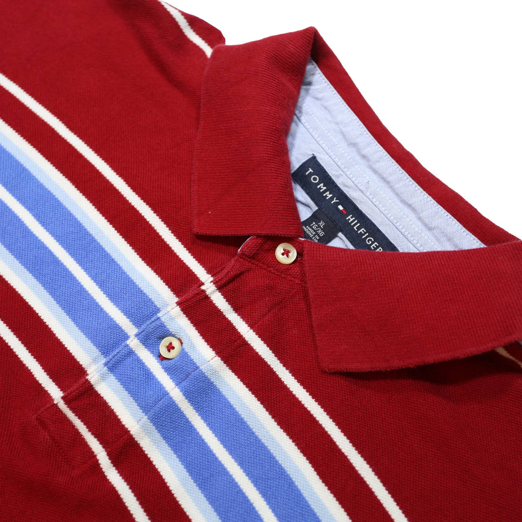 TOMMY HILFIGER Mens Red & Blue Striped Short Sleeve Polo Shirt XL Cotton Casual