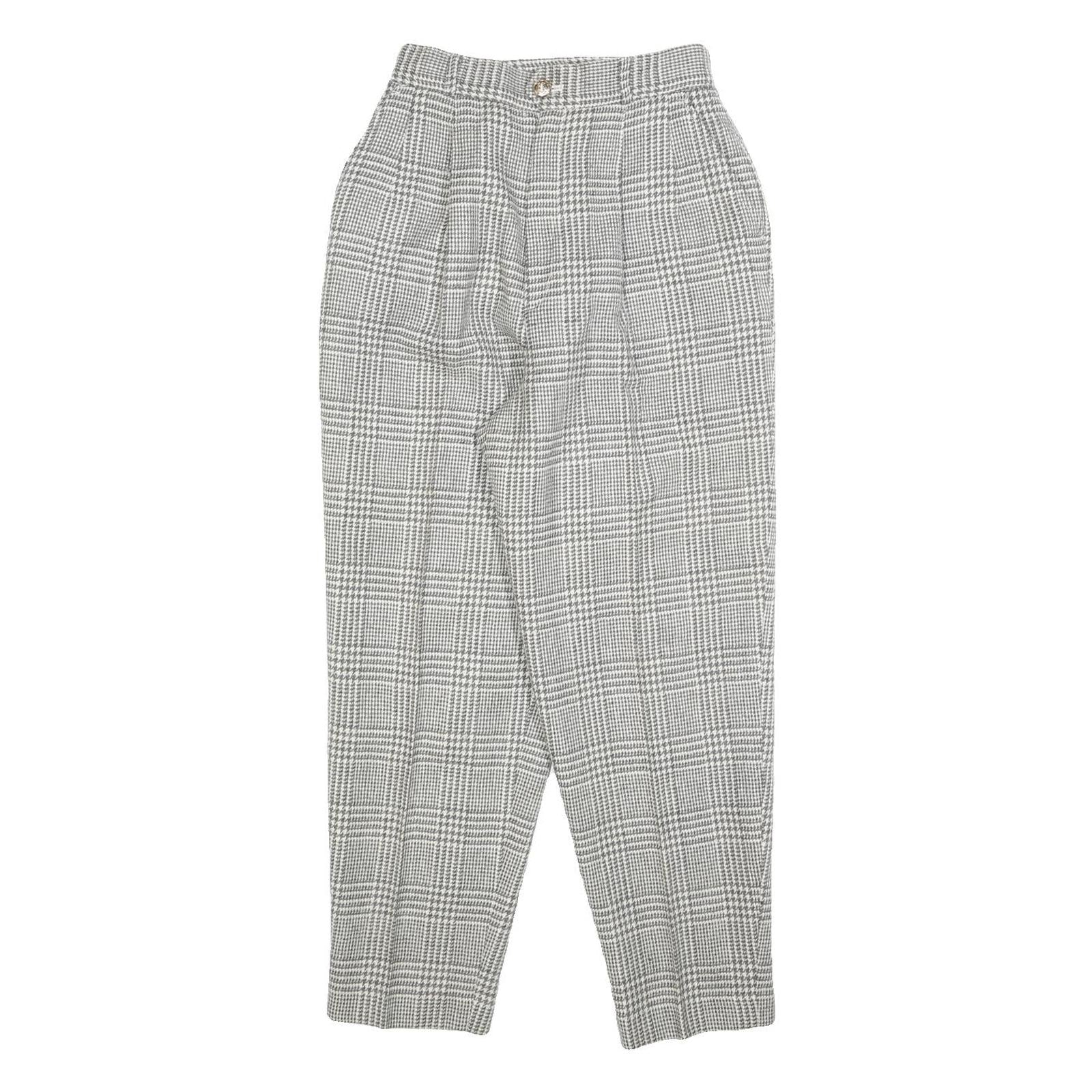 Womens Wool Grey Regular Straight Trousers W24 L26 Checked Pattern Classic Fit