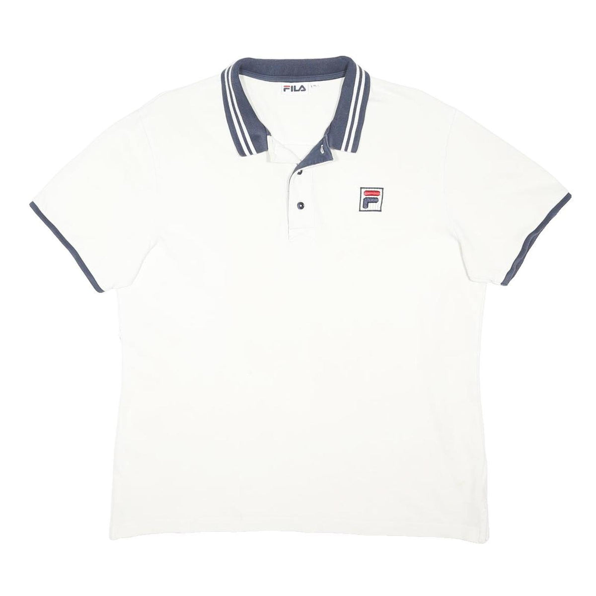 FILA Mens White & Navy Polo Shirt XL Cotton Blend Short Sleeve Logo Casual