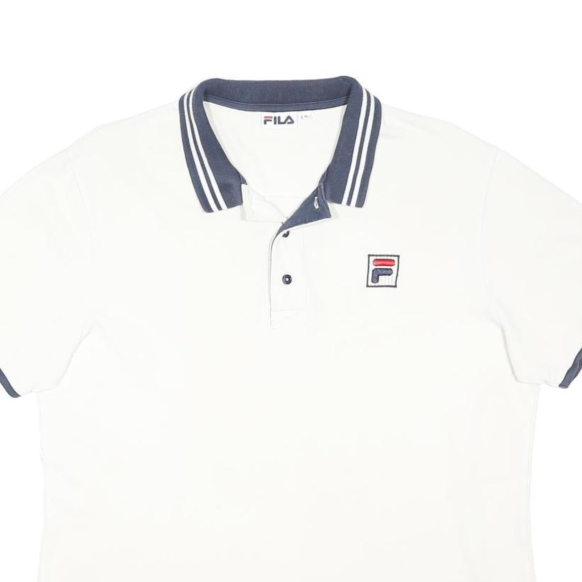 FILA Mens White & Navy Polo Shirt XL Cotton Blend Short Sleeve Logo Casual