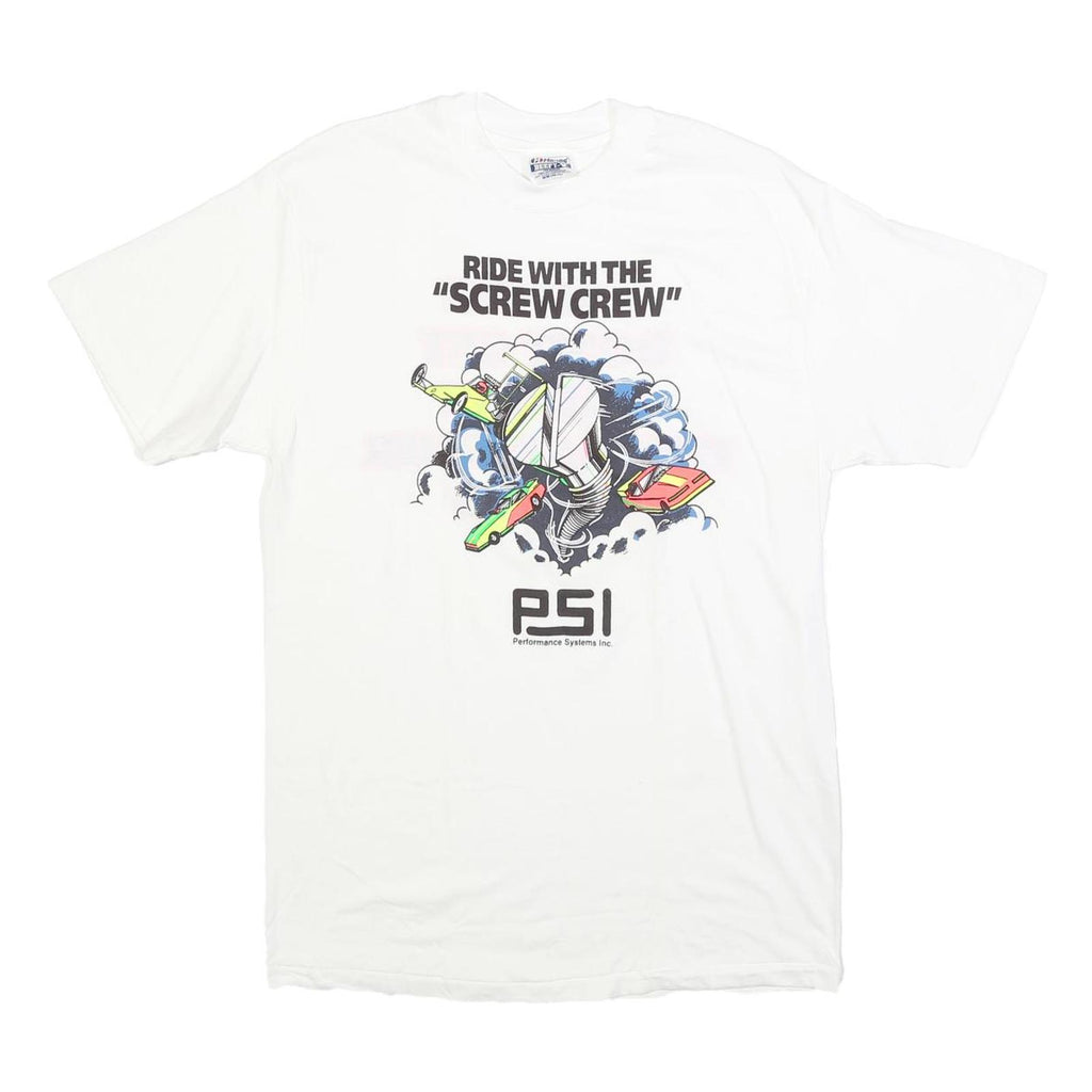 HANES Mens White Cotton Blend Graphic T-Shirt M Short Sleeve Crew Neck Screw