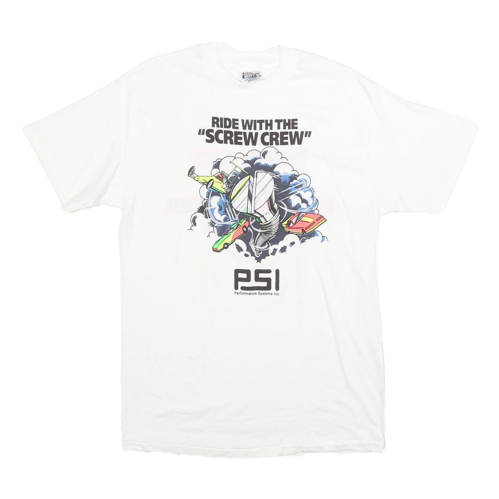 HANES Mens White Cotton Blend Graphic T-Shirt M Short Sleeve Crew Neck Screw