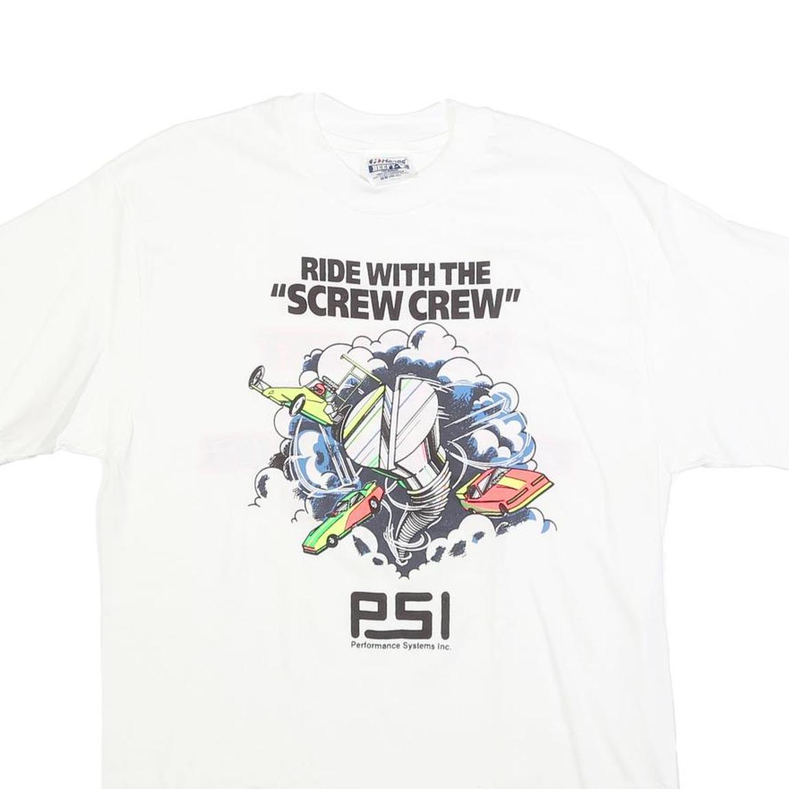 HANES Mens White Cotton Blend Graphic T-Shirt M Short Sleeve Crew Neck Screw