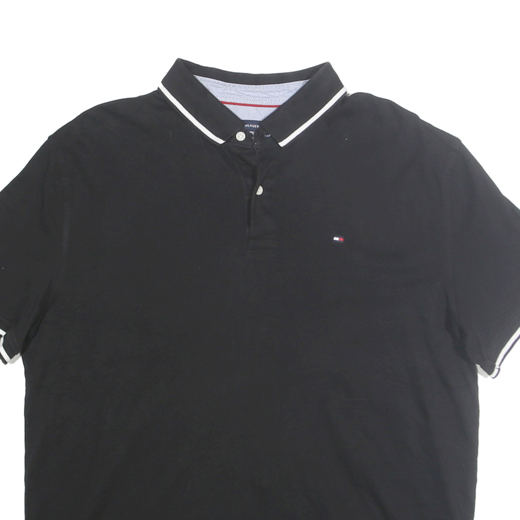 TOMMY HILFIGER Mens Black White Trim Polo Shirt XL Cotton Classic Logo