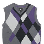 BTUGAN Mens Grey Purple Black Argyle Cotton Sleeveless V-Neck Jumper M Stylish