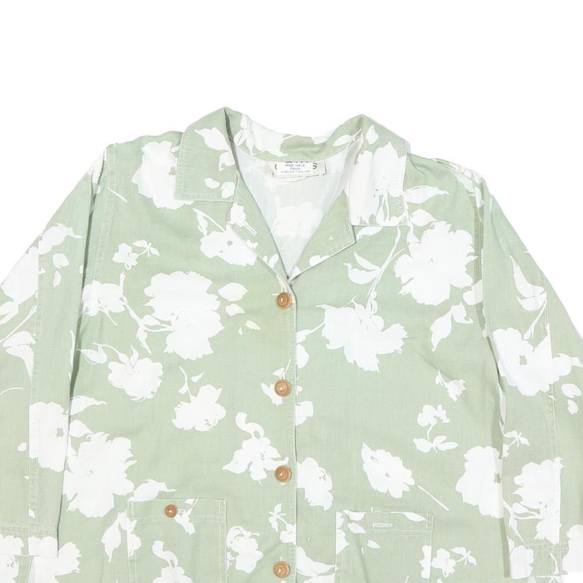 Womens Green & White Floral Cotton Blend Shirt Long Sleeve Collared M