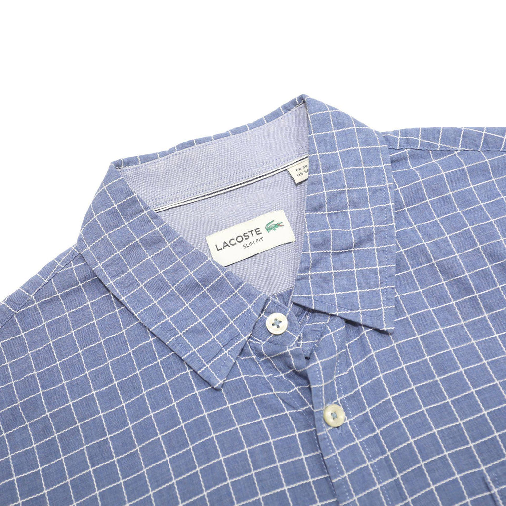 LACOSTE Mens Blue Check Shirt S Cotton Short Sleeve Casual Lightweight