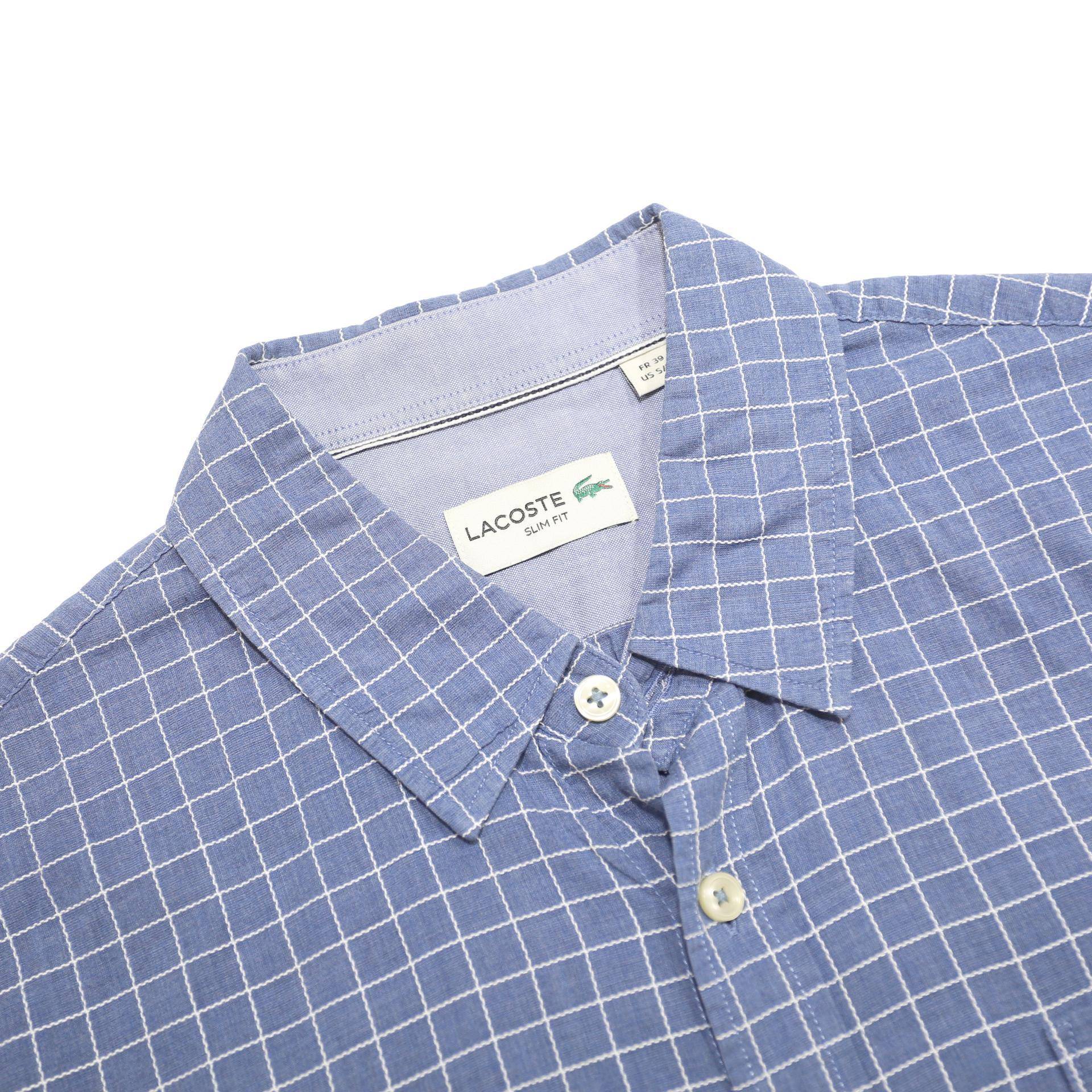 LACOSTE Mens Blue Check Shirt S Cotton Short Sleeve Casual Lightweight