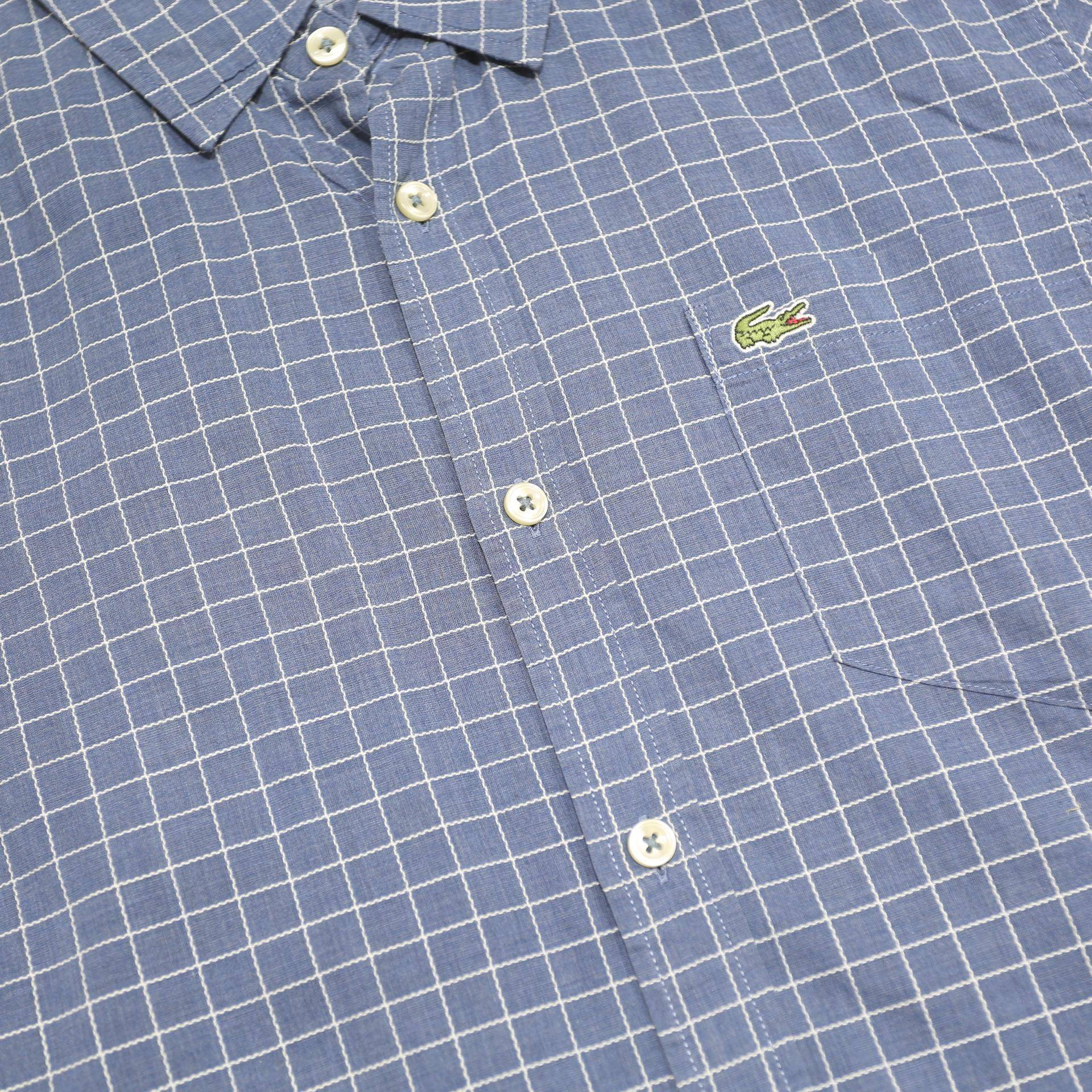 LACOSTE Mens Blue Check Shirt S Cotton Short Sleeve Casual Lightweight