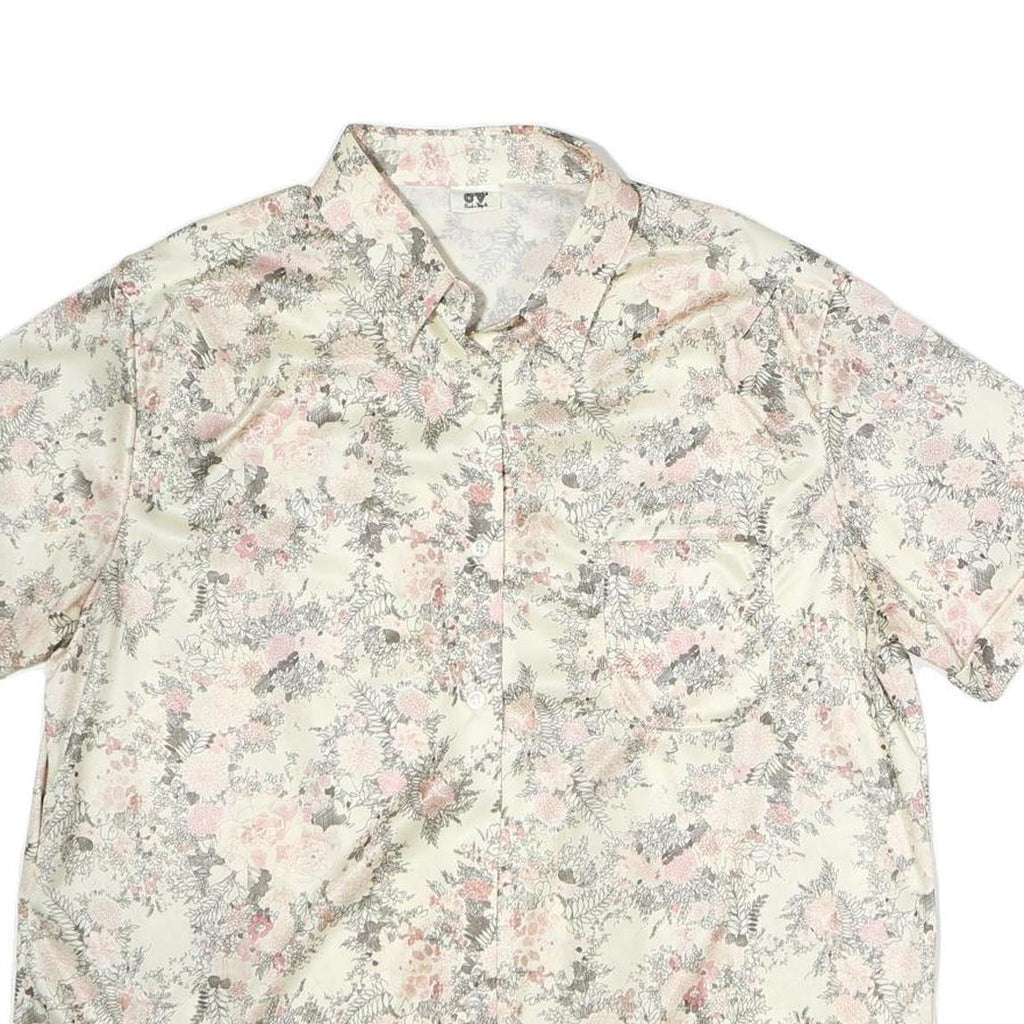 CV Womens Cream Floral Print Shirt Short Sleeve Collared M Silk Top