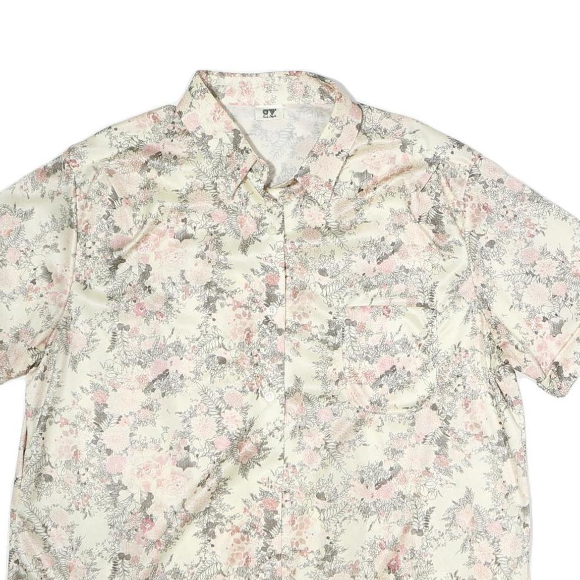 CV Womens Cream Floral Print Shirt Short Sleeve Collared M Silk Top