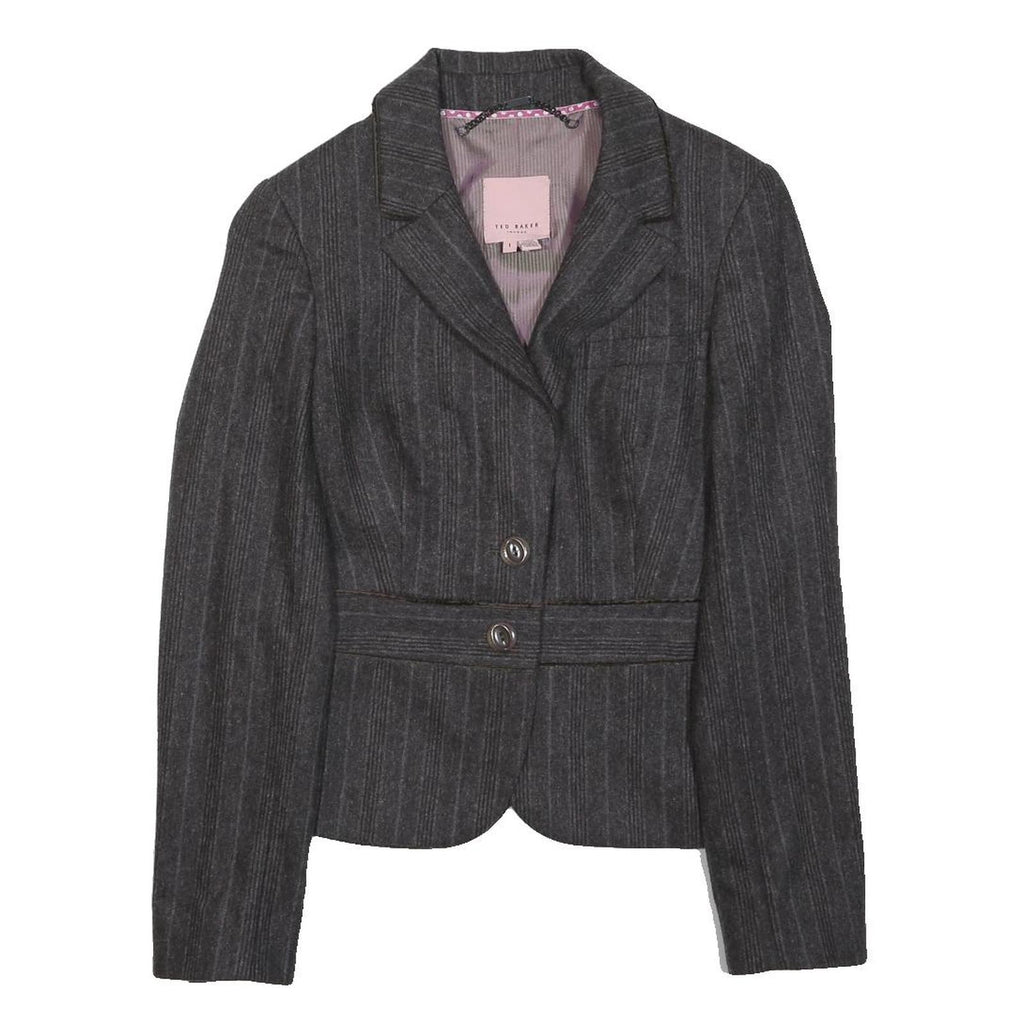 TED BAKER Womens Grey Wool Pinstripe Blazer Jacket XS Tailored Button Closure