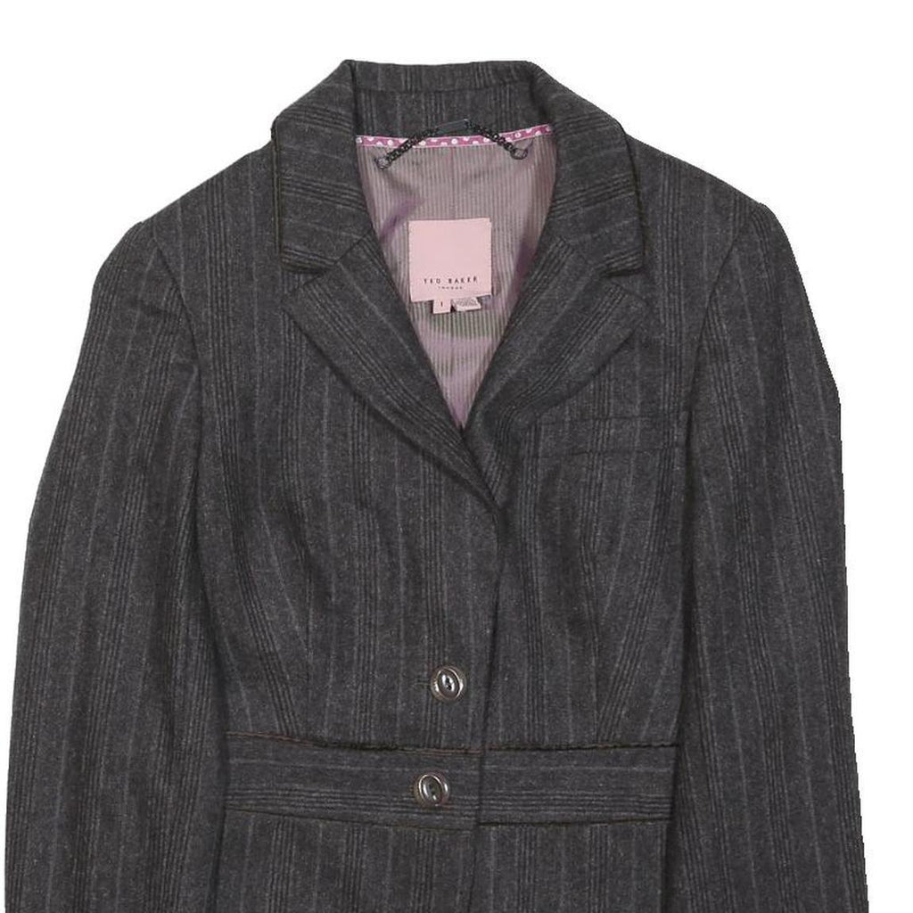 TED BAKER Womens Grey Wool Pinstripe Blazer Jacket XS Tailored Button Closure