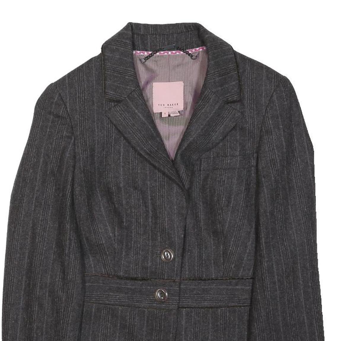 TED BAKER Womens Grey Wool Pinstripe Blazer Jacket XS Tailored Button Closure