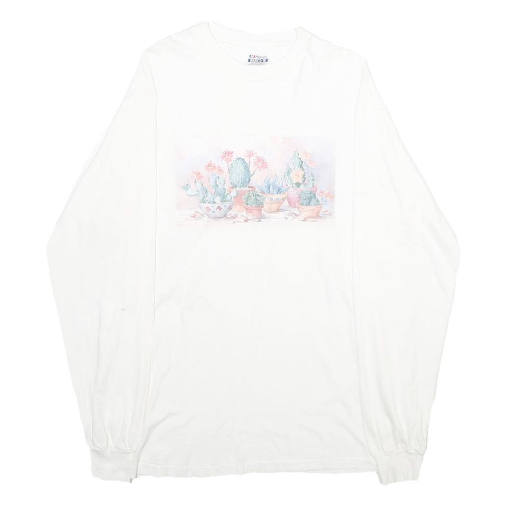 HANES Mens White Cotton Graphic Long Sleeve Crew Neck L Shirt Floral Print