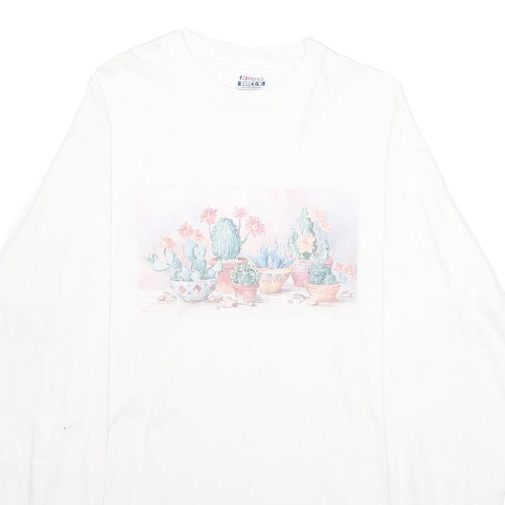 HANES Mens White Cotton Graphic Long Sleeve Crew Neck L Shirt Floral Print