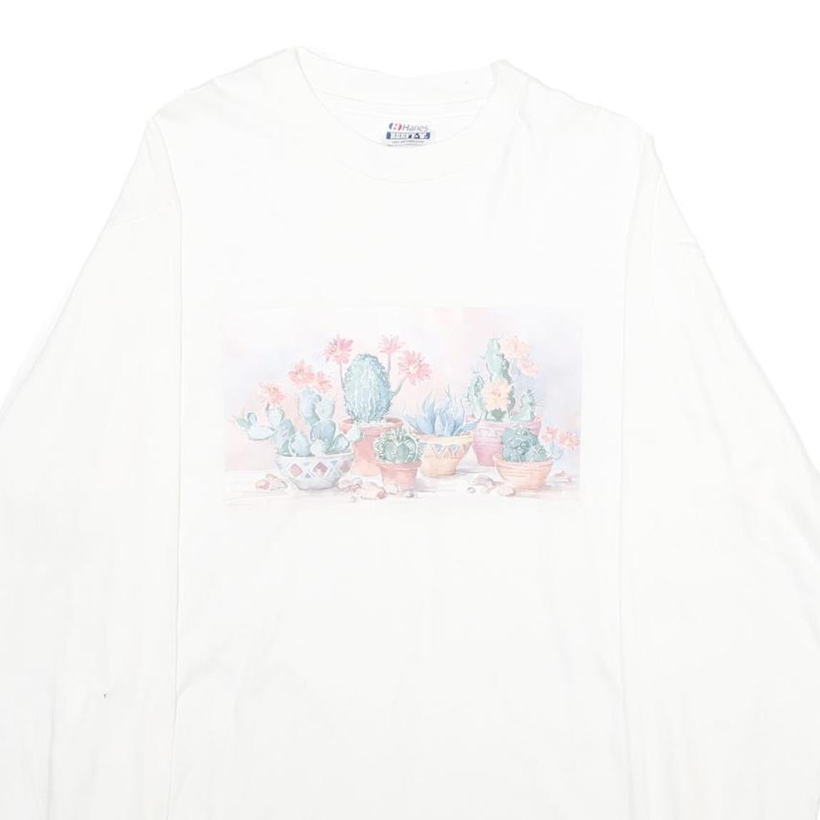 HANES Mens White Cotton Graphic Long Sleeve Crew Neck L Shirt Floral Print