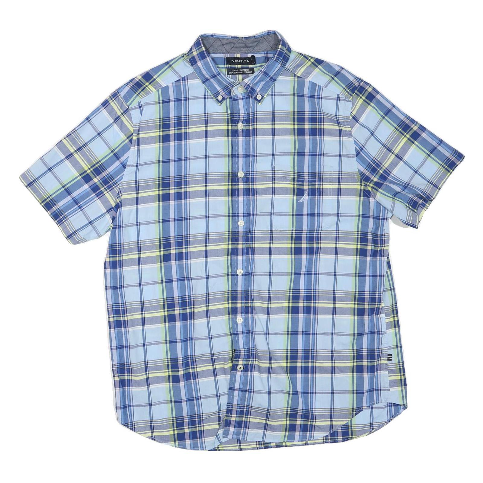 NAUTICA Mens Blue Check Shirt L Cotton Blend Casual Summer Button Down