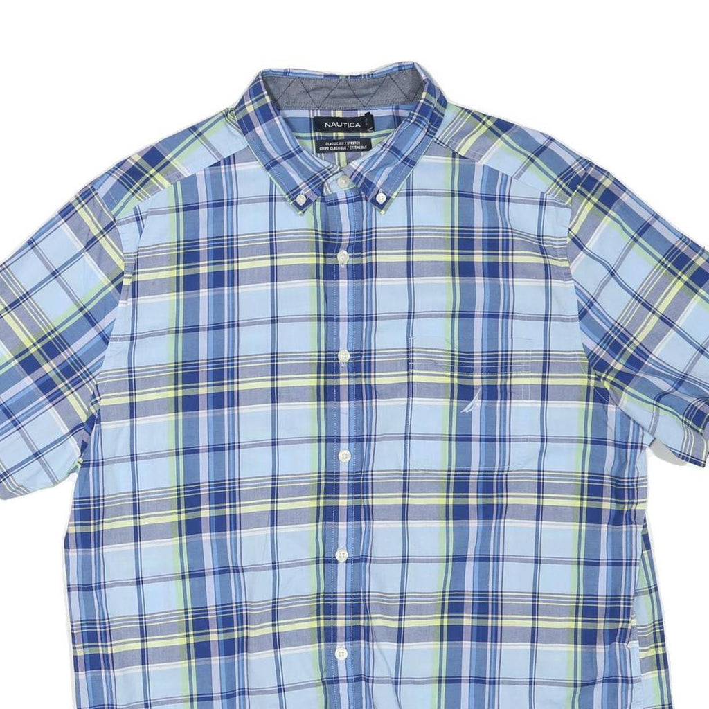 NAUTICA Mens Blue Check Shirt L Cotton Blend Casual Summer Button Down