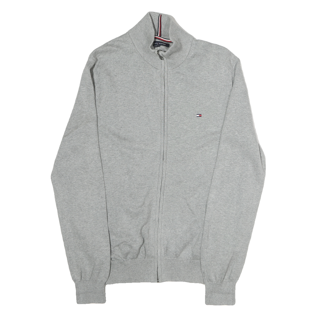 TOMMY HILFIGER Mens Grey Cotton Plain Full Zip Jumper Crew Neck Knit S