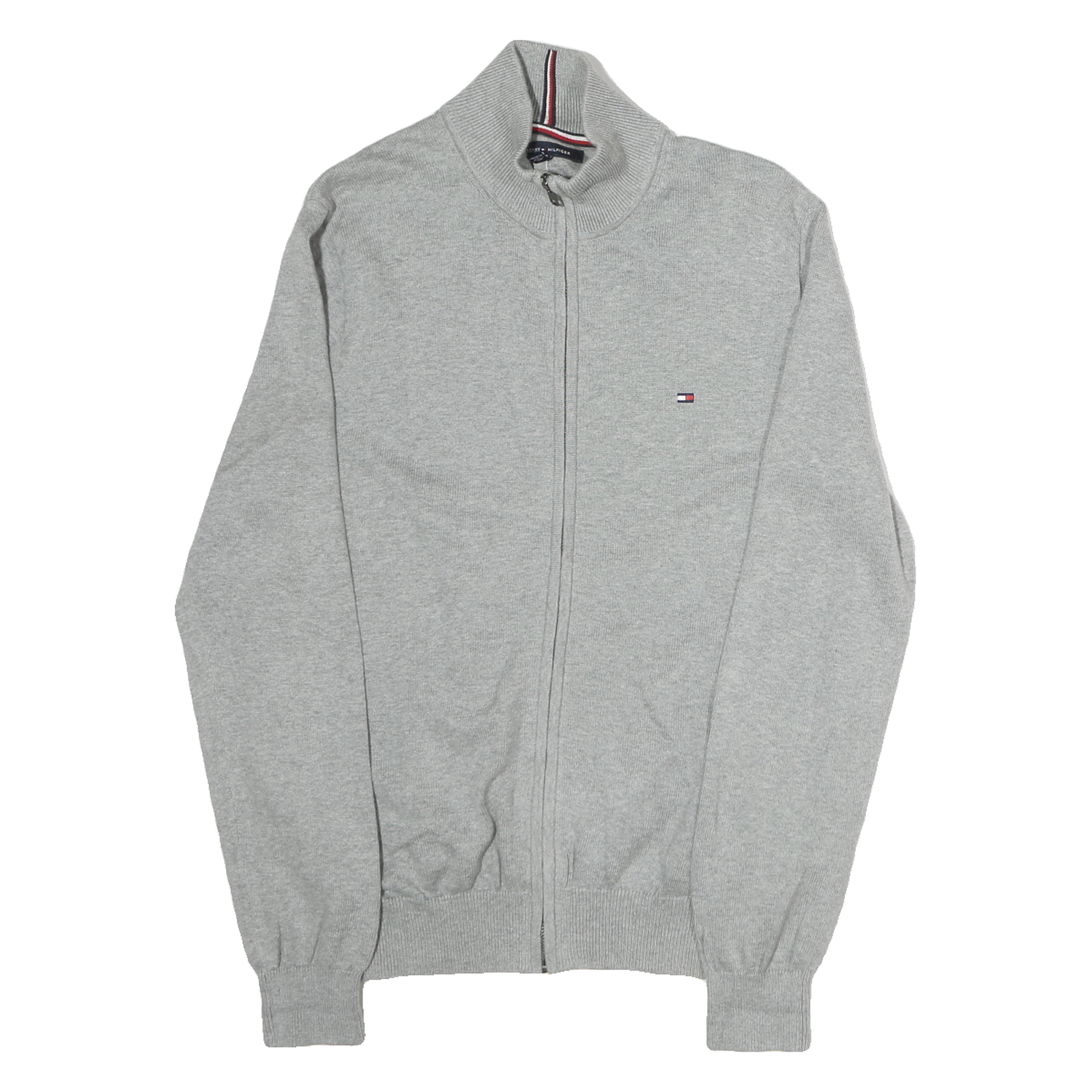 TOMMY HILFIGER Mens Grey Cotton Plain Full Zip Jumper Crew Neck Knit S