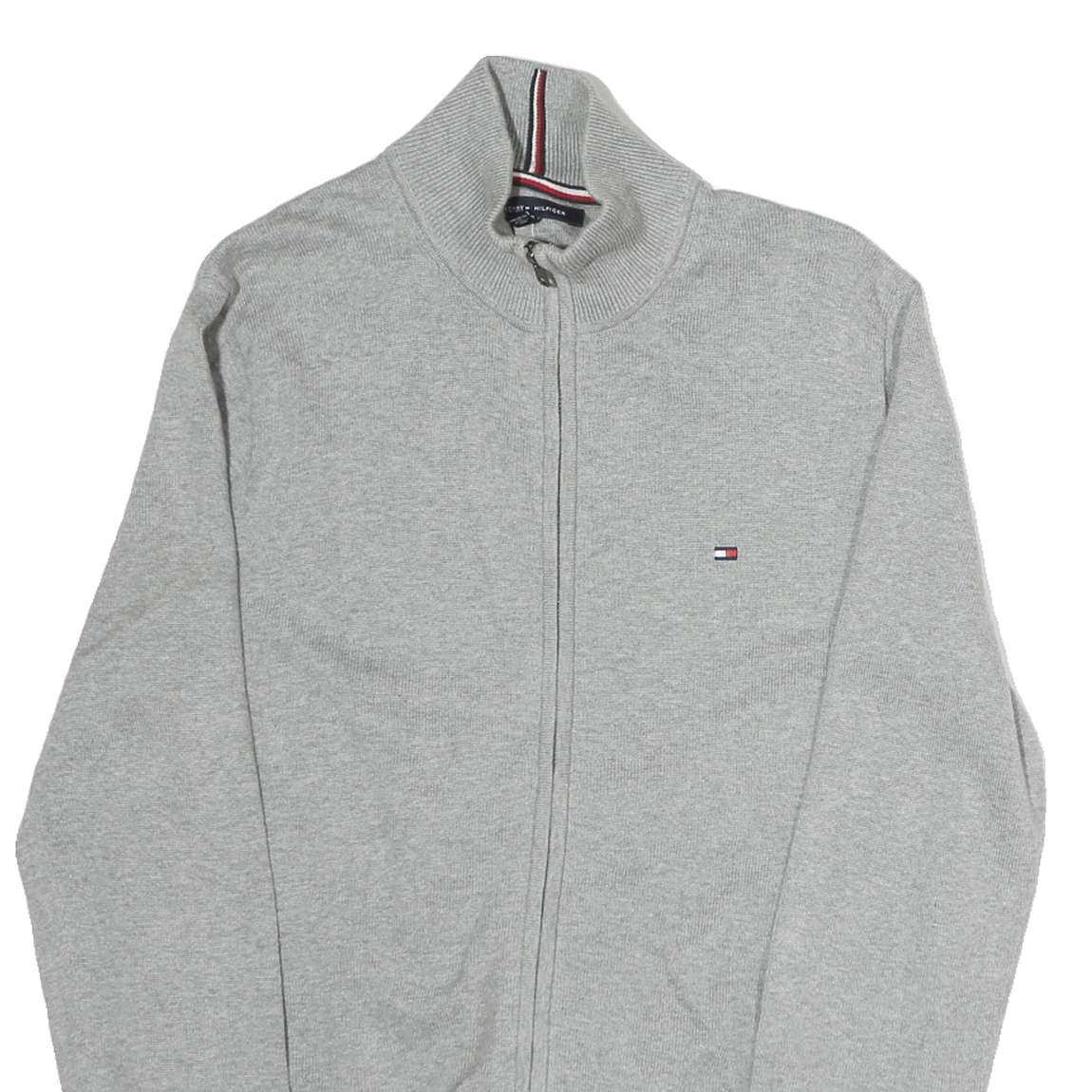 TOMMY HILFIGER Mens Grey Cotton Plain Full Zip Jumper Crew Neck Knit S
