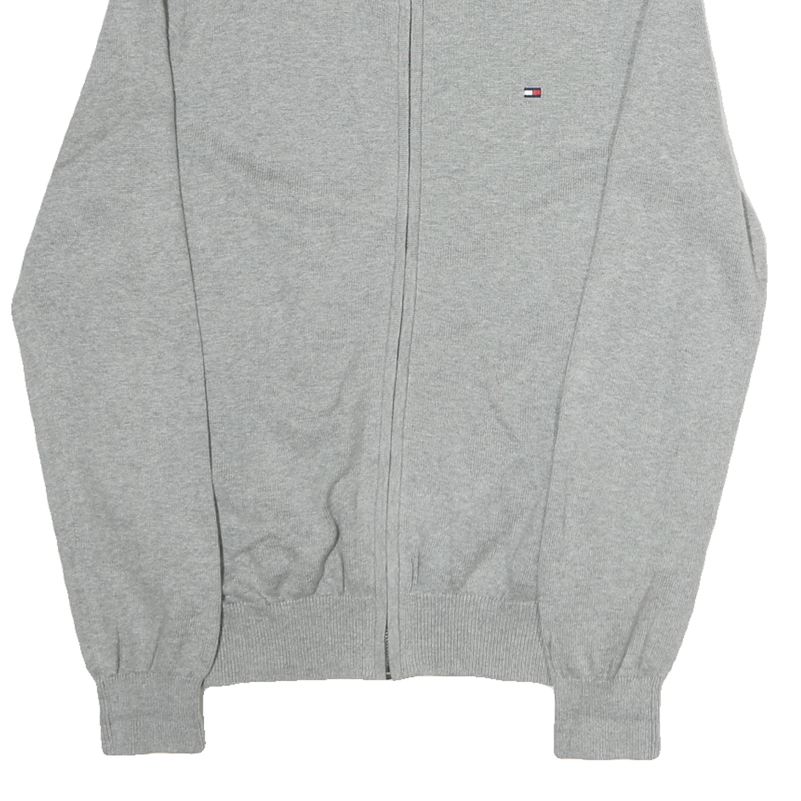 TOMMY HILFIGER Mens Grey Cotton Plain Full Zip Jumper Crew Neck Knit S