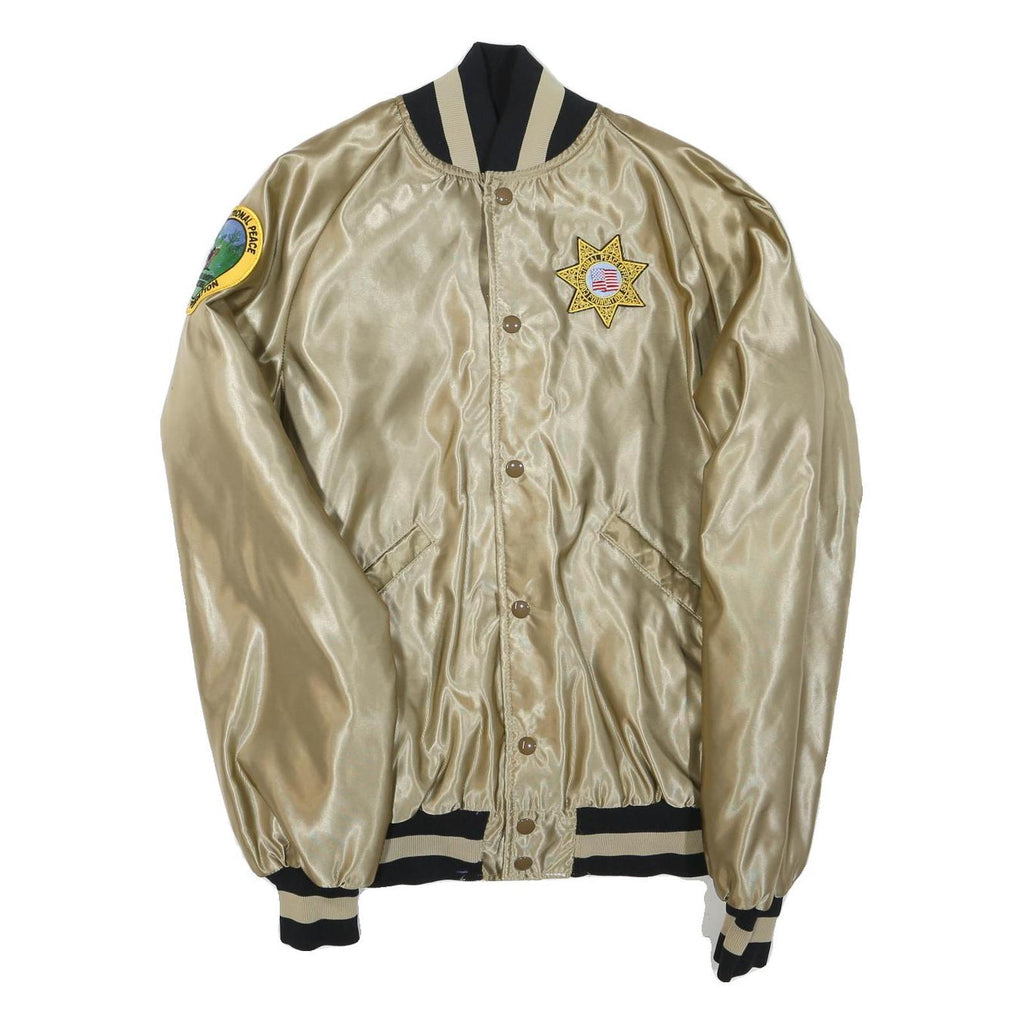 BUTWIN Mens Beige & Black Satin Bomber Jacket S Polyester Blend Button Closure