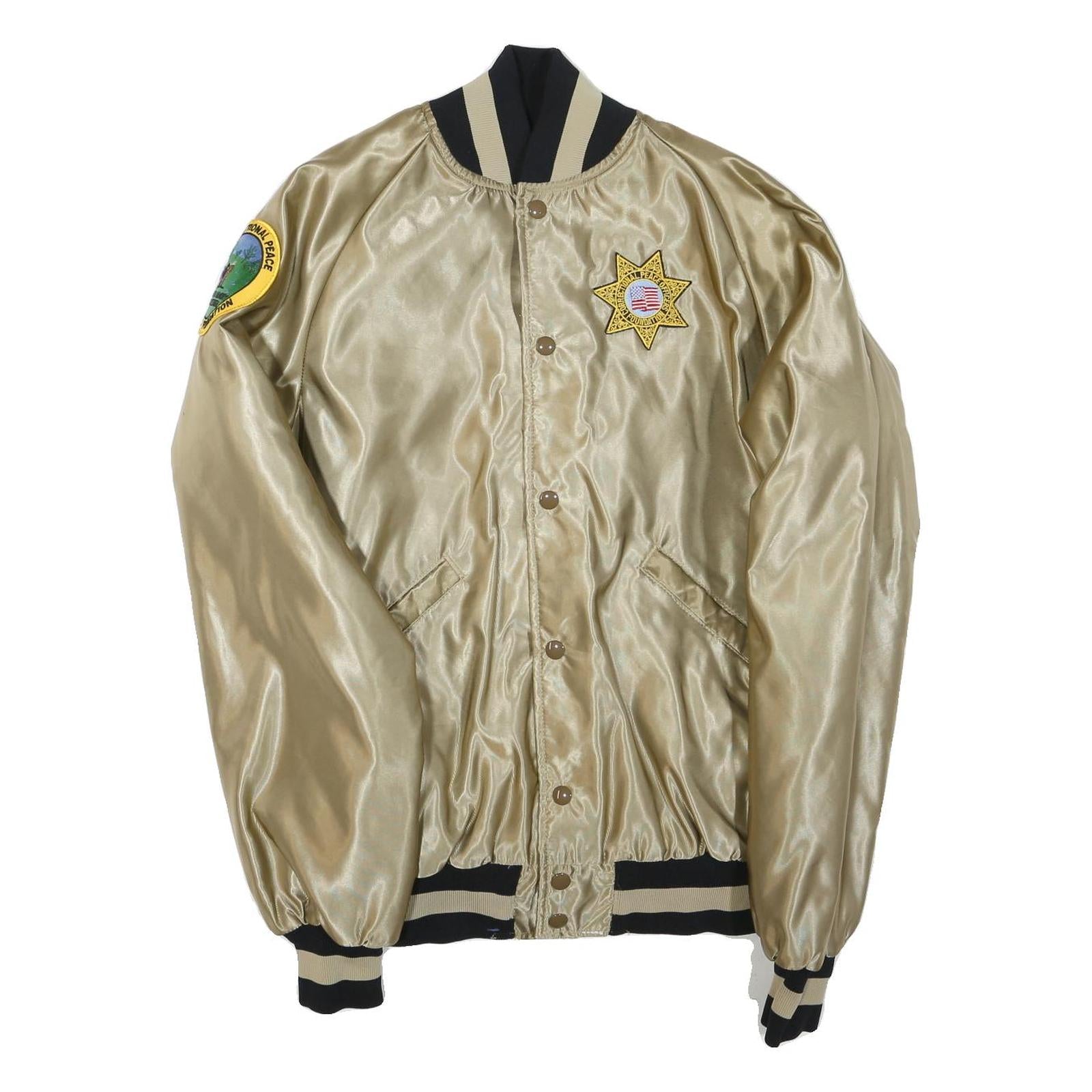 BUTWIN Mens Beige & Black Satin Bomber Jacket S Polyester Blend Button Closure