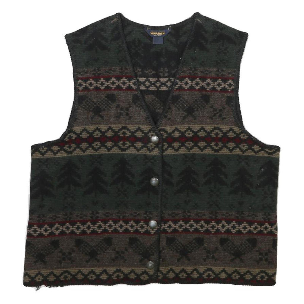 WOOLRICH Womens Green Brown Patterned Jumper V-Neck Chunky Knit XL Warm Wool