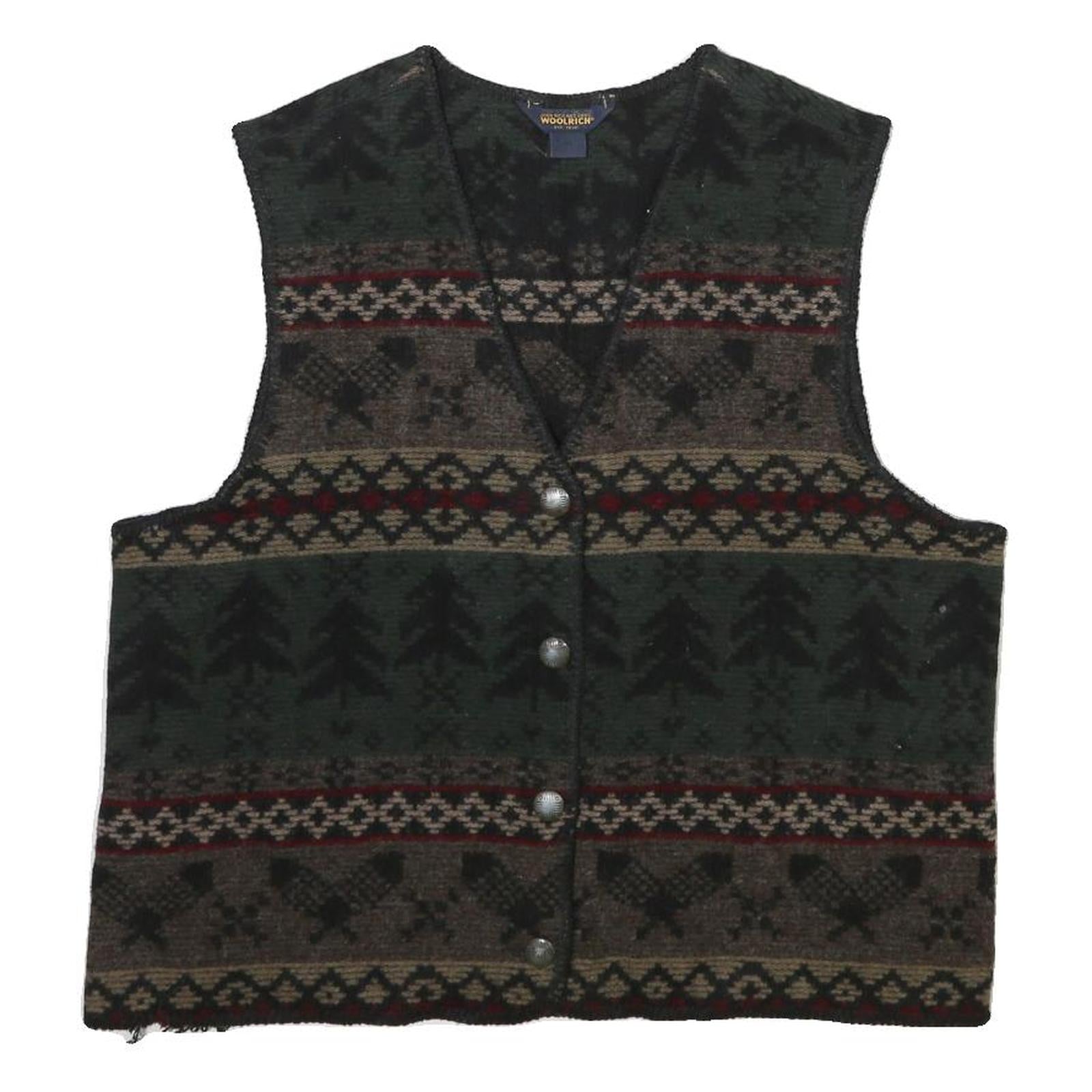 WOOLRICH Womens Green Brown Patterned Jumper V-Neck Chunky Knit XL Warm Wool