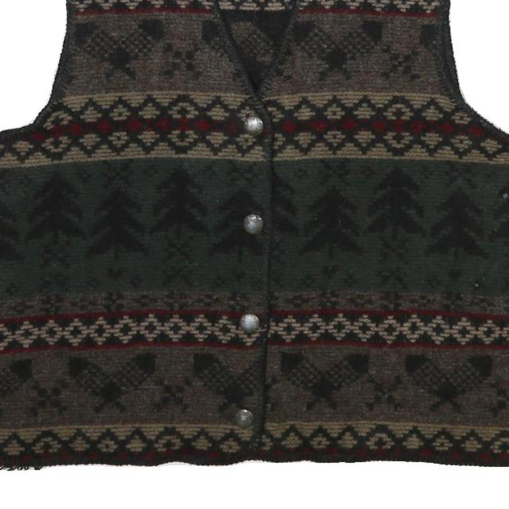 WOOLRICH Womens Green Brown Patterned Jumper V-Neck Chunky Knit XL Warm Wool