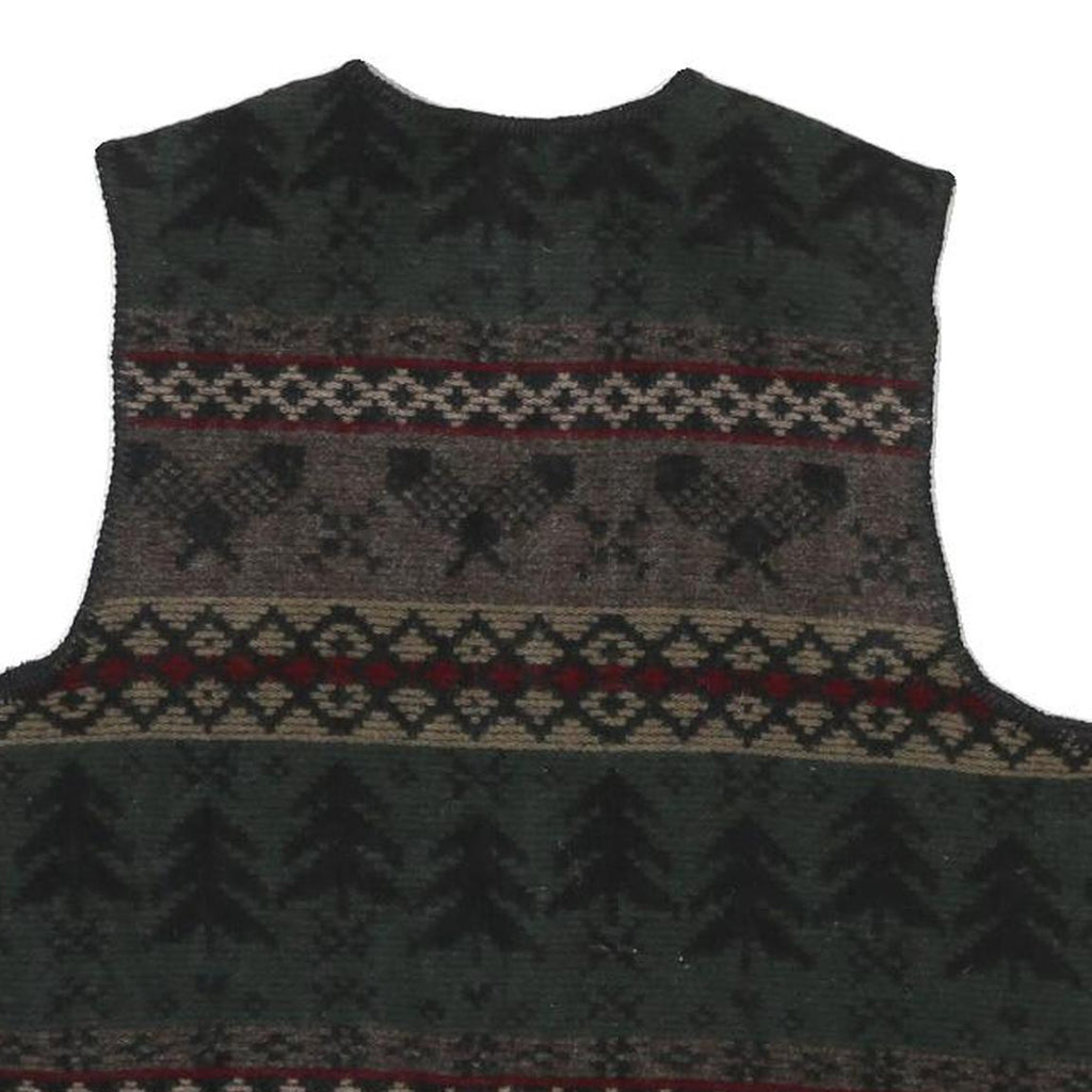 WOOLRICH Womens Green Brown Patterned Jumper V-Neck Chunky Knit XL Warm Wool