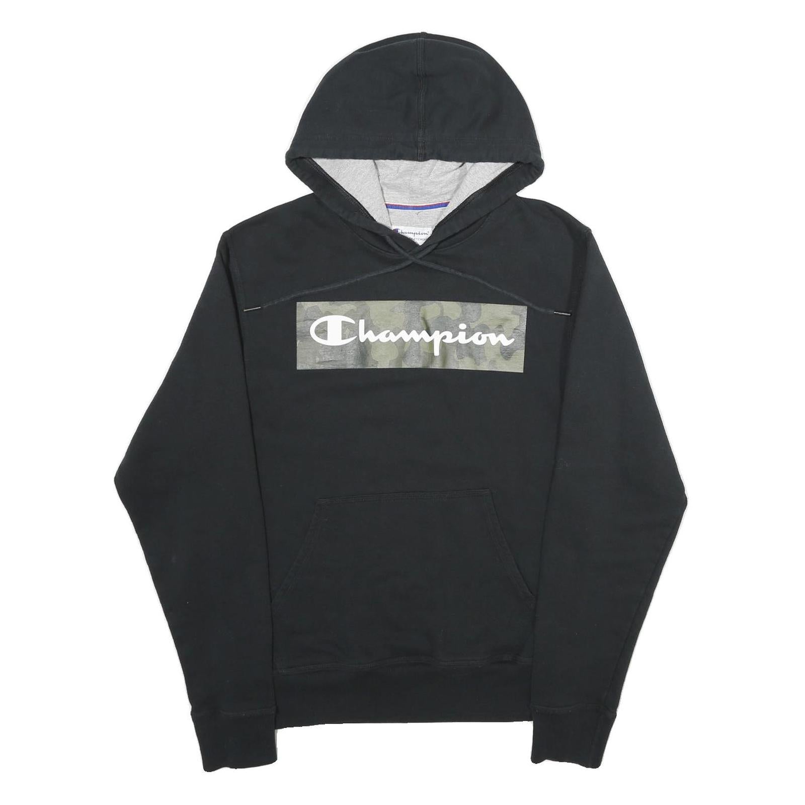 CHAMPION Mens Black Pullover Hoodie S Camo Print Logo