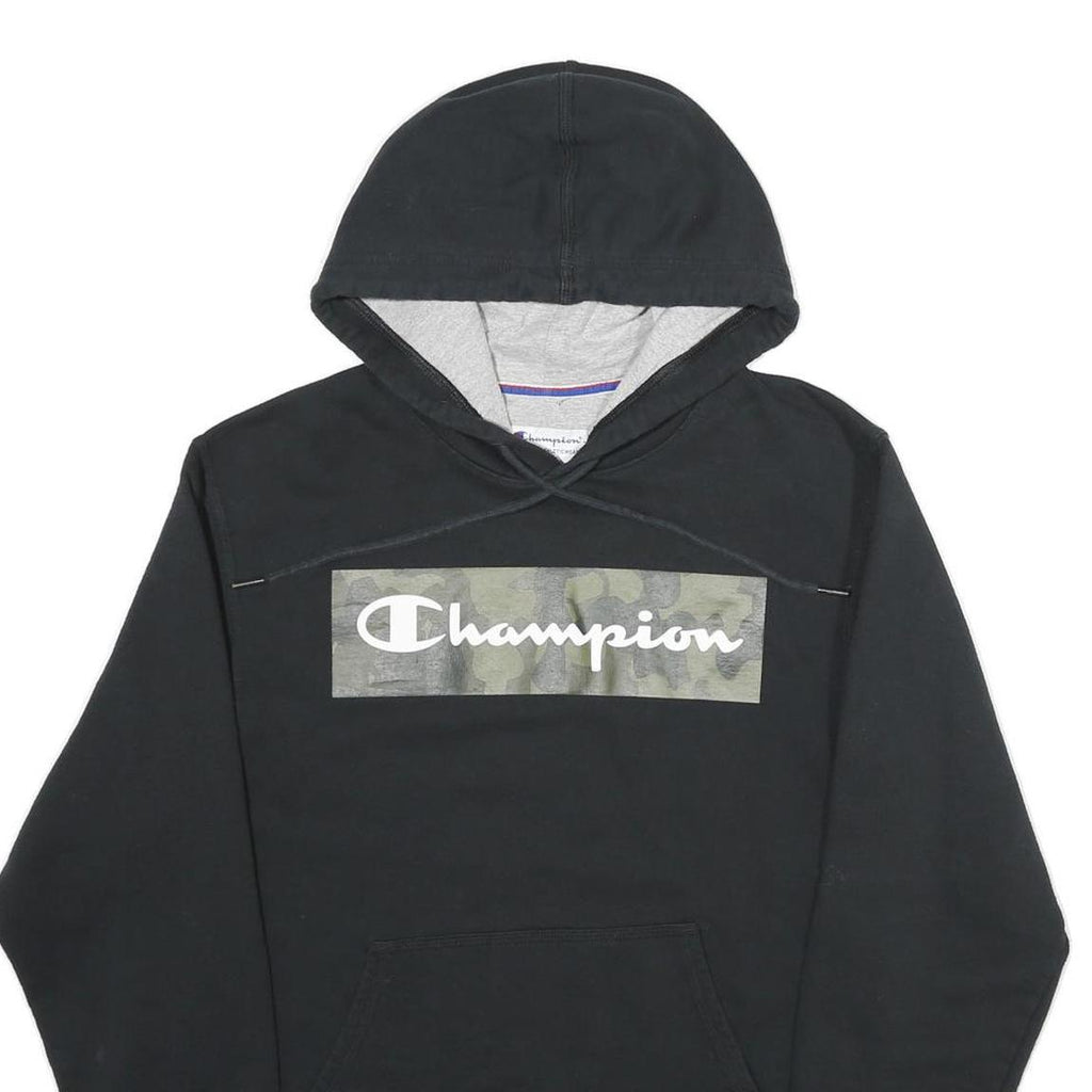 CHAMPION Mens Black Pullover Hoodie S Camo Print Logo