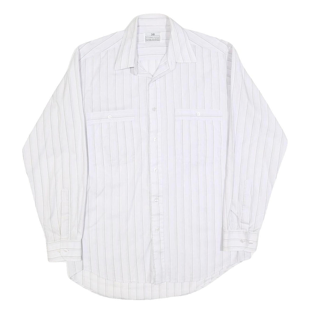 Mens White & Grey Striped Cotton Shirt M Classic Button Front Pockets
