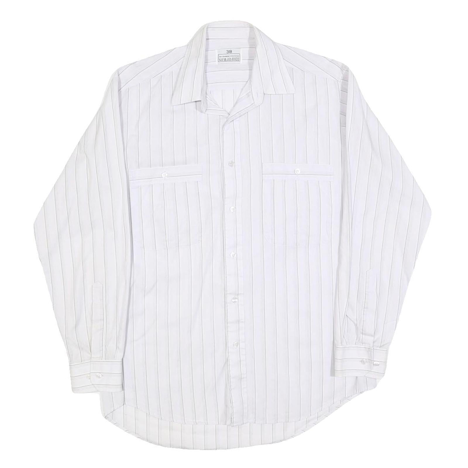 Mens White & Grey Striped Cotton Shirt M Classic Button Front Pockets