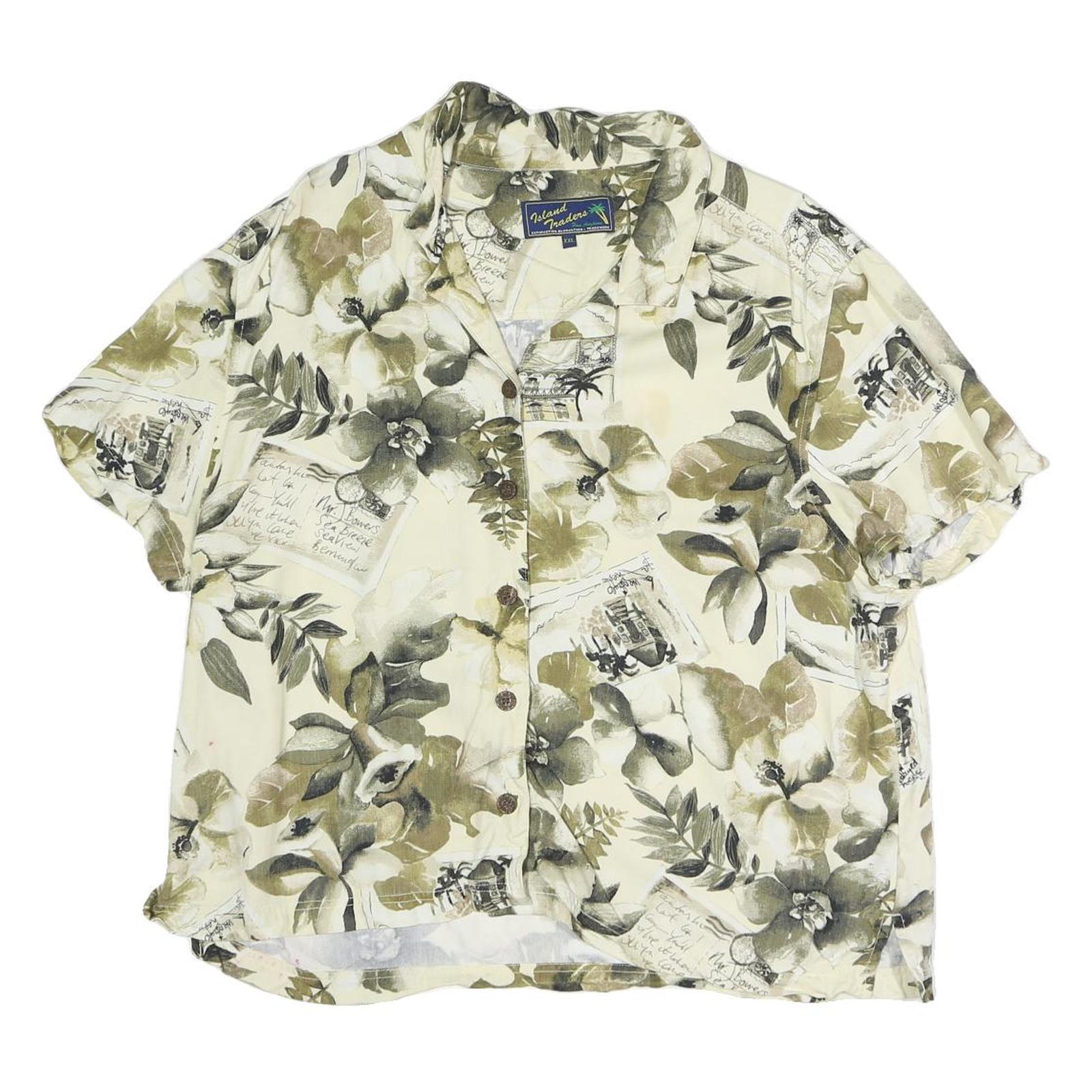 ISLAND TRADERS Womens Cream Floral Print Shirt Short Sleeve Collared XL Hawaiian