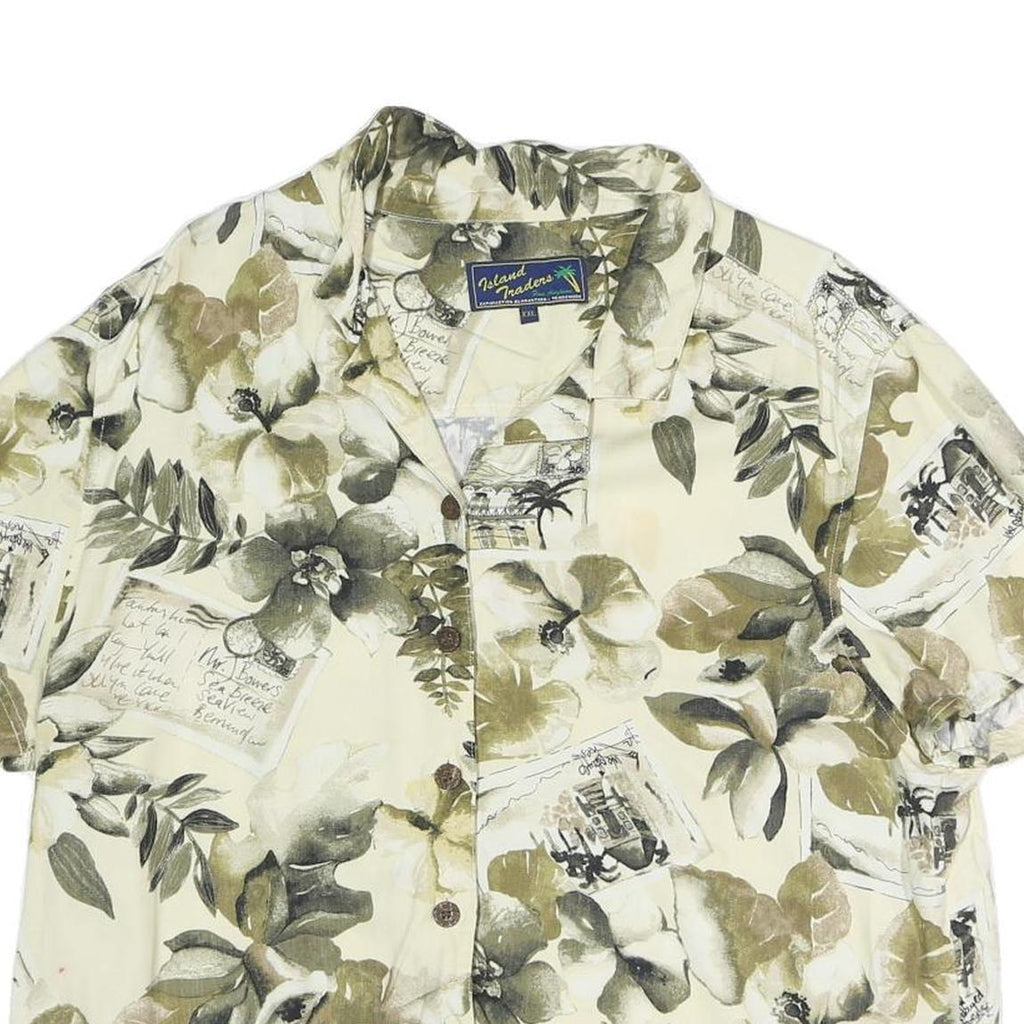ISLAND TRADERS Womens Cream Floral Print Shirt Short Sleeve Collared XL Hawaiian